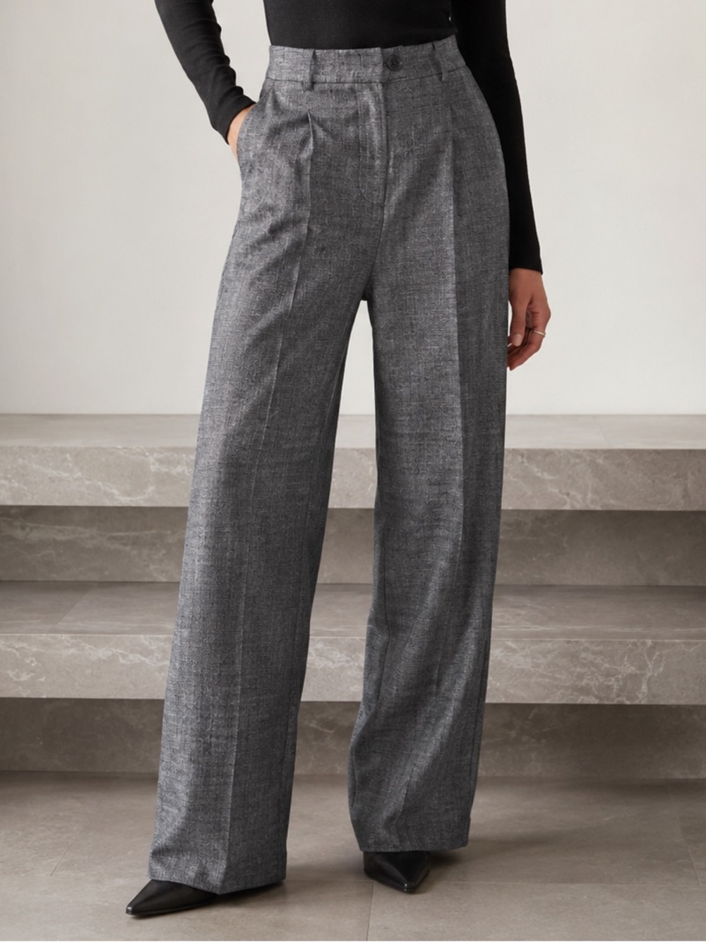 Reitmans Wide Leg Trouser Pants 16 Petite Grey Plaid NWT